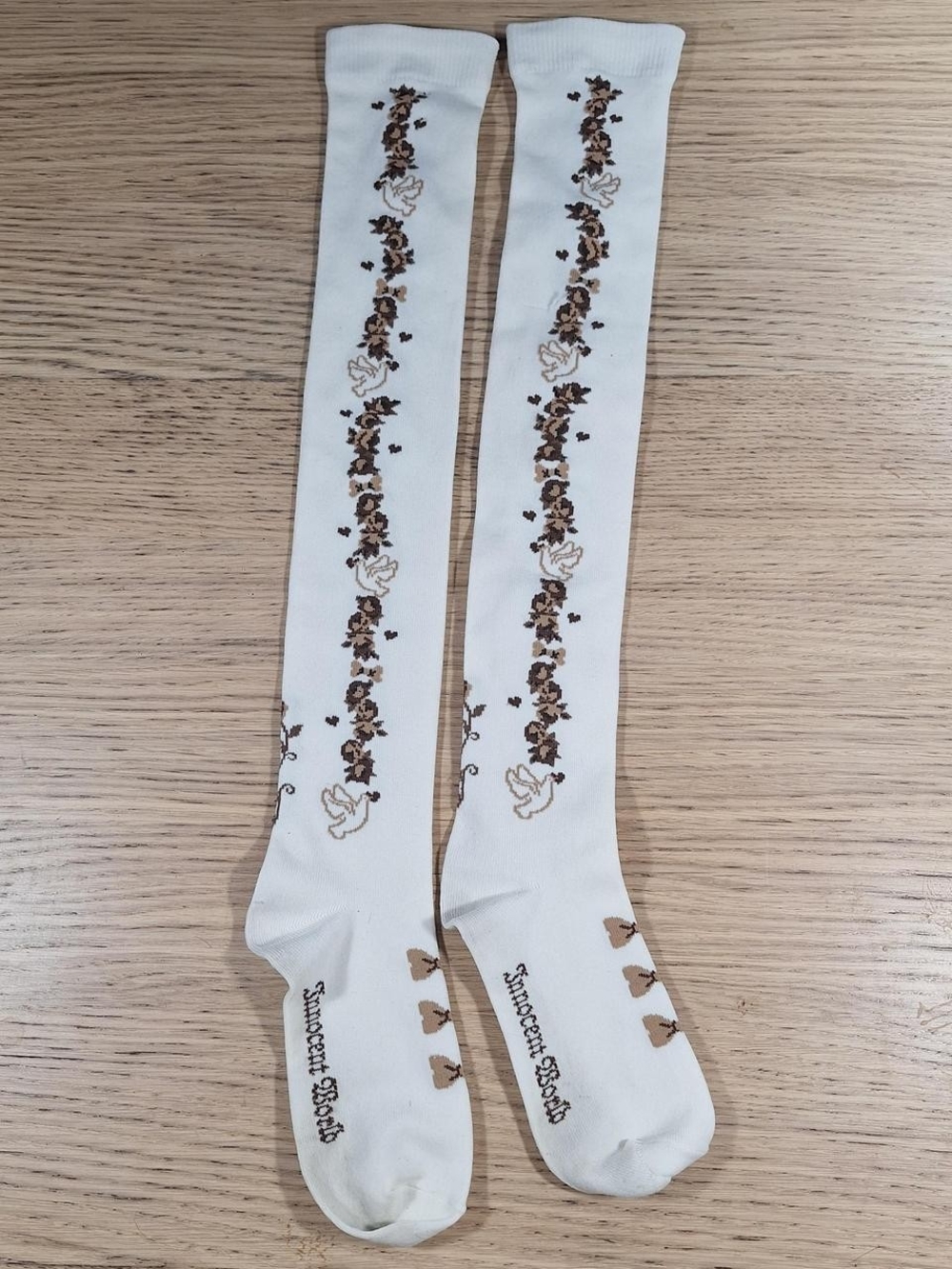 Innocent World Ivory Brown Dove Floral Garland OTK Socks | Classic Lolita